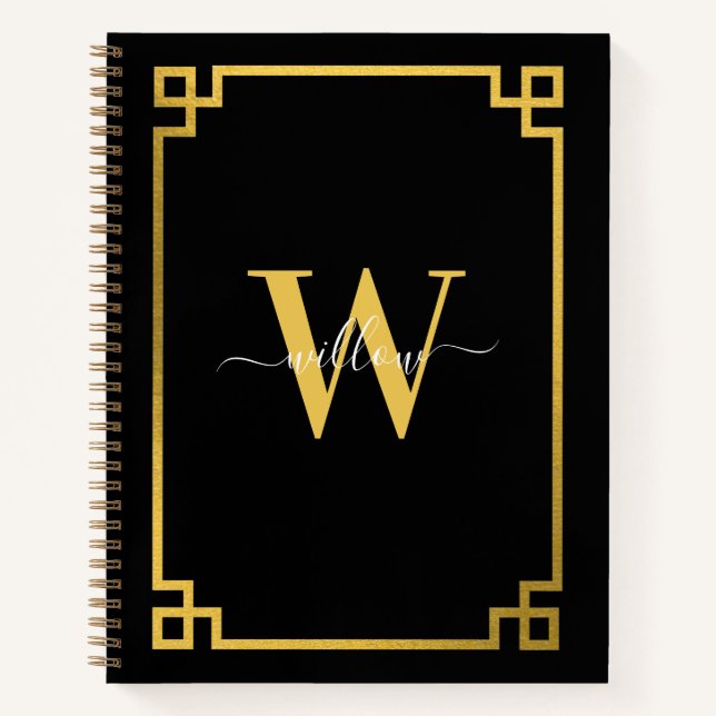 Black & Gold Greek Key Monogrammed Notebook (Front)