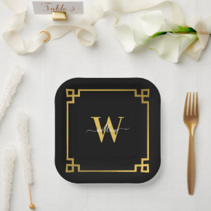 Black & Gold Greek Key Monogrammed   Paper Plate