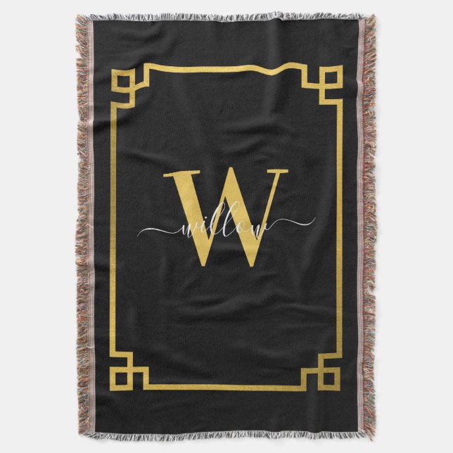 Black & Gold Greek Key Monogrammed Throw Blanket (Front Vertical)