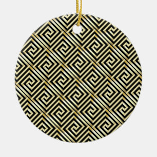 Black, gold Greek key pattern Ceramic Tree Decoration