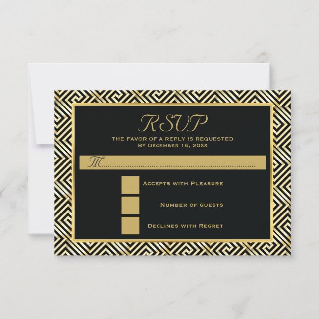 Black, gold Greek key wedding RSVP reply Card (Front)