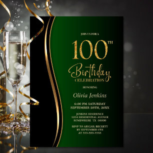 Black Gold Green 100th Birthday Party Invitation