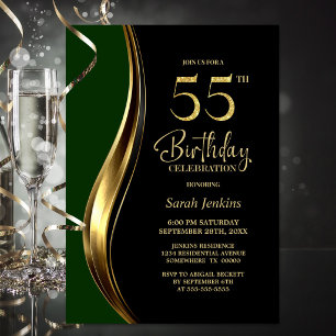 Black Gold Green 55th Birthday Party Invitation