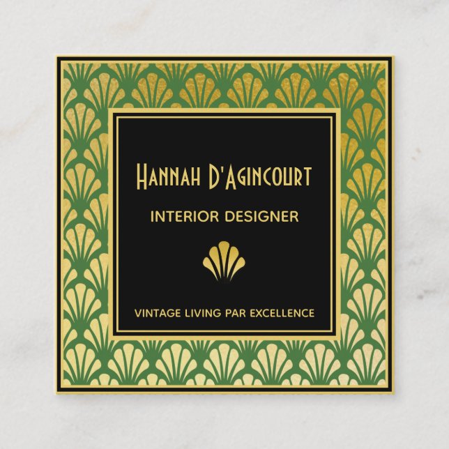 Black, Gold, Green Art Deco Fans Pattern Chic Square Business Card (Front)