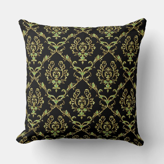 Black, Gold & Green Glitter Floral Damasks Cushion (Front)