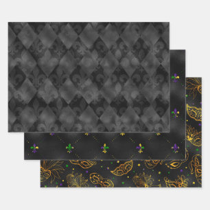 BLACK GOLD GREEN PURPLE MARDI GRAS PATTERNS WRAPPING PAPER SHEET