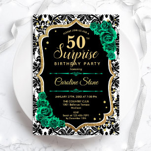 Black Gold Green Roses Surprise 50th Birthday Invitation