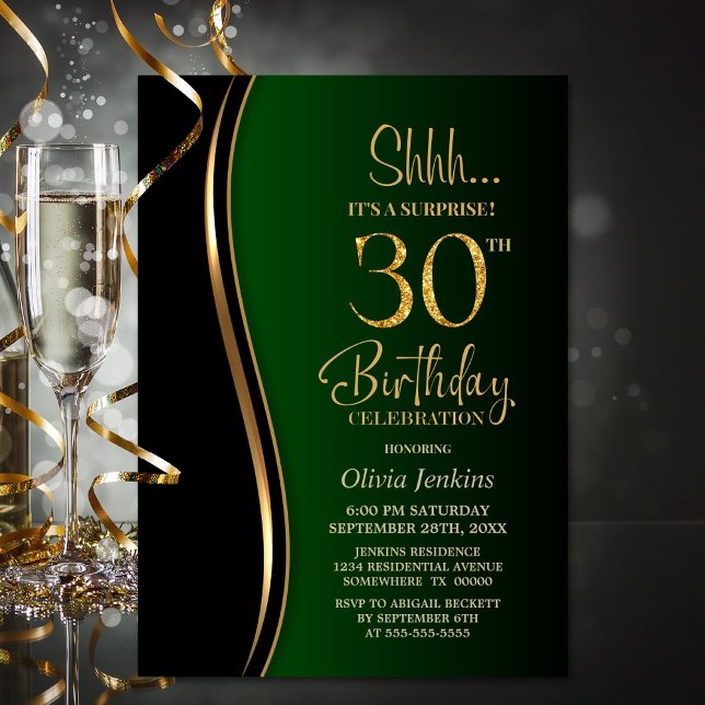 Black Gold Green Surprise 30th Birthday Invitation (Creator Uploaded)