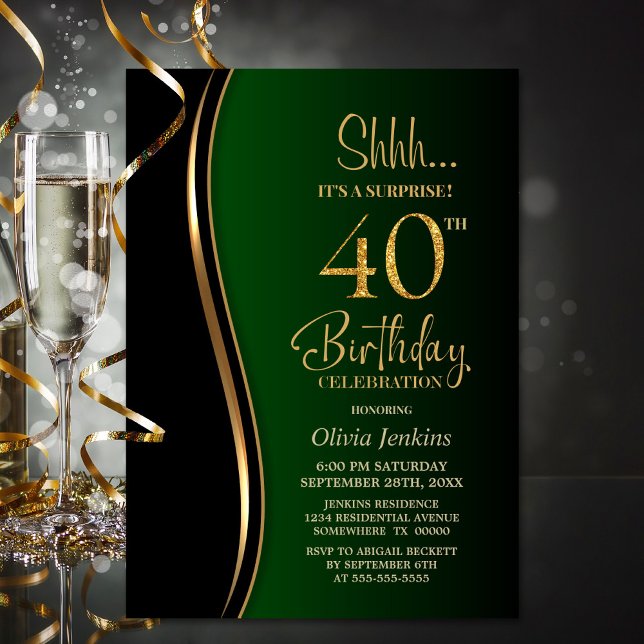 Black Gold Green Surprise 40th Birthday Invitation (Creator Uploaded)