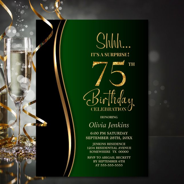 Black Gold Green Surprise 75th Birthday Invitation (Creator Uploaded)