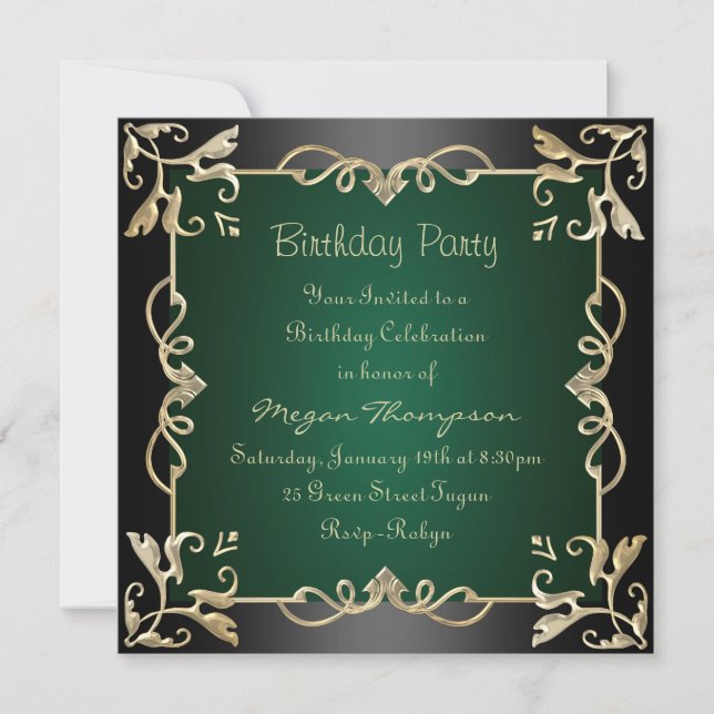 Black/Gold & Green Swirl Birthday Invitation (Front)