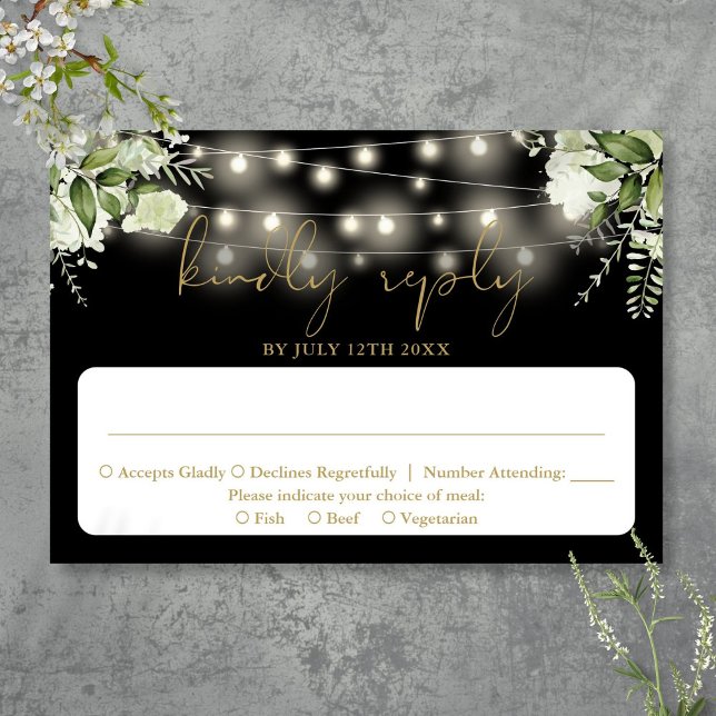 Black Gold Greenery Floral String Lights Wedding RSVP Card (Black Gold Greenery Floral String Lights Wedding RSVP Card)