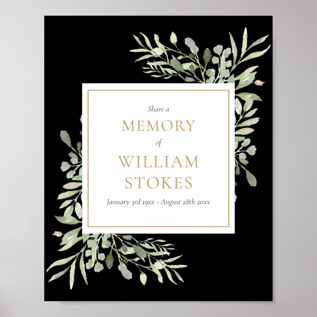 Black Gold Greenery Funeral Share A Memory Sign (Front)
