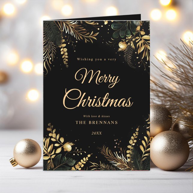 Black Gold Greenery Modern Elegant Christmas Holiday Card (Black Gold Greenery Modern Elegant Christmas Holiday Card)