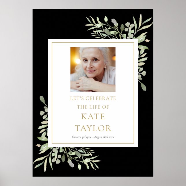 Black Gold Greenery Photo Celebration of Life Sign (Front)