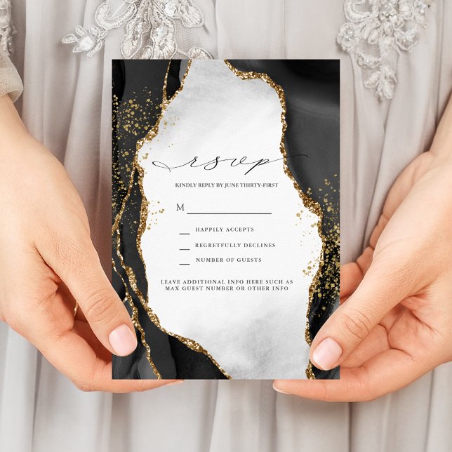 Black, Gold & Grey Mist Agate Wedding RSVP Invitation (Creator Uploaded)