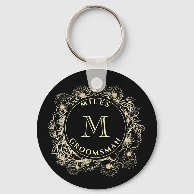 Black Gold Groomsman Monogram Keychain (Front)