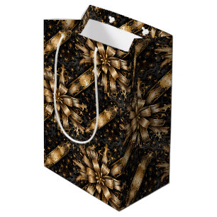 Black & Gold Grunge Christmas Ribbon Medium Gift Bag