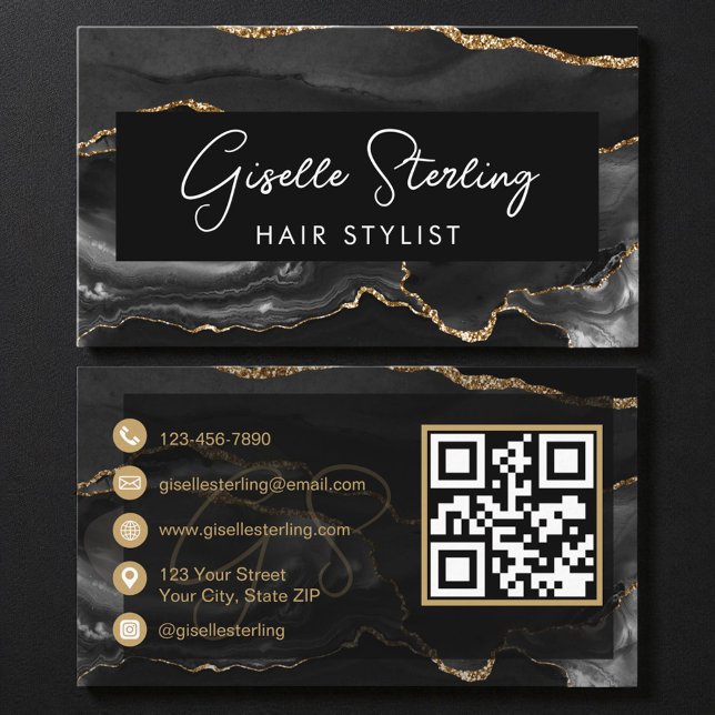 Black Gold Hair Stylist QR Code  Business Card (Creator Uploaded)