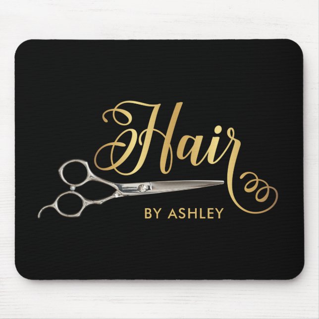 Black & Gold  Hairstylist Salon Name Mouse Pad (Front)