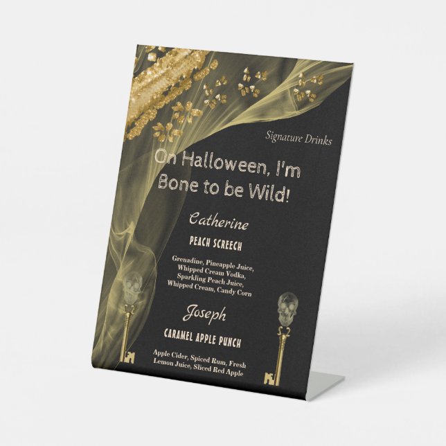 Black & Gold Halloween Skeleton Signature Drinks Pedestal Sign (Front)