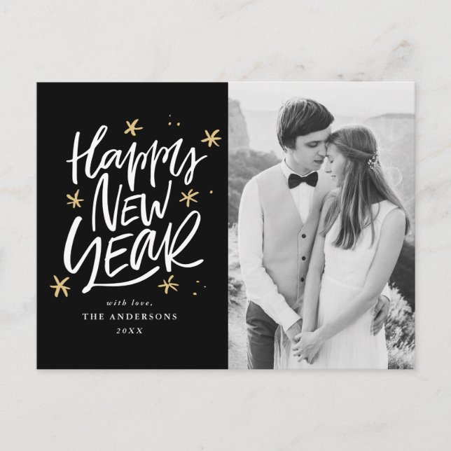 Black & Gold Hand-Lettered Happy New Year Photo Holiday Postcard (Front)