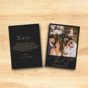 black gold handwriting 4 photos wedding thank you  card