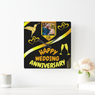 Black & Gold Happy 5th Wedding Anniversary Gift  Square Wall Clock