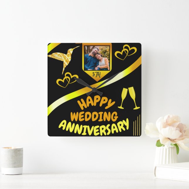 Black & Gold Happy 5th Wedding Anniversary Gift  Square Wall Clock (Home)