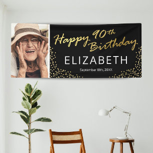 Black Gold Happy 90th Birthday Photo Banner