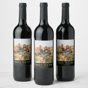 Black & Gold Happy New Year Photo Wine Label