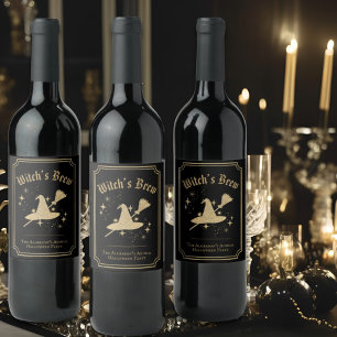 Black Gold Hat & Broom Witchs Brew Halloween Party Wine Label