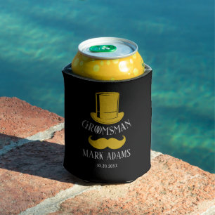 Black Gold Hat Moustache Gentleman Groomsmen Gift Can Cooler