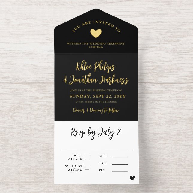 Black Gold Heart Brush Script Informal Wedding All In One Invitation (Inside)