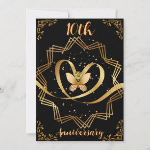  Black & Gold Heart Chic 10th Wedding Anniversary  Invitation