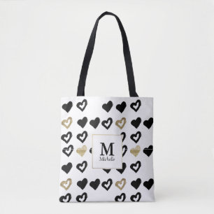 Black & Gold Heart Monogram Tote Bag