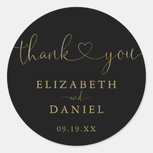 Black Gold Heart Script Thank You Wedding Favour Classic Round Sticker