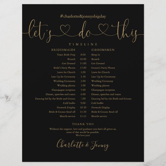 Black Gold Heart Script Wedding Schedule Timeline (Front)