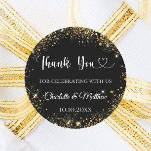 Black gold heart wedding thank you classic round sticker