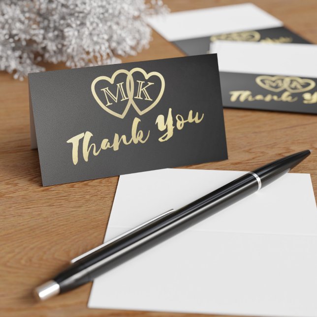 Black Gold Hearts Mini Wedding Thank You Cards (Mini thank you cards with space for your initials in the gold hearts)