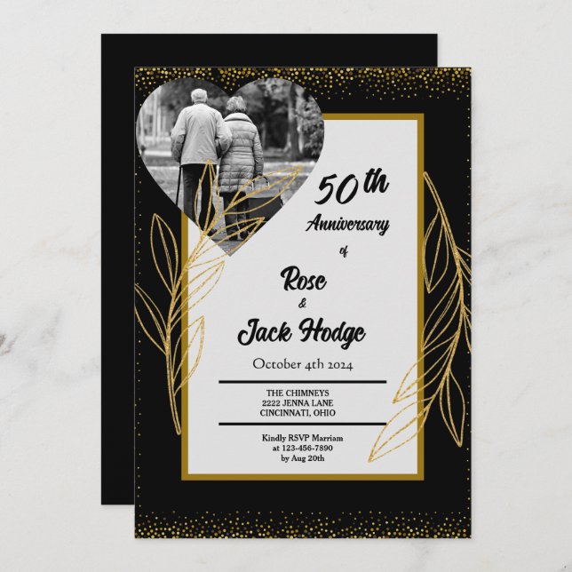 Black Gold Hearts Photo 50th Wedding Anniversary Invitation (Front/Back)