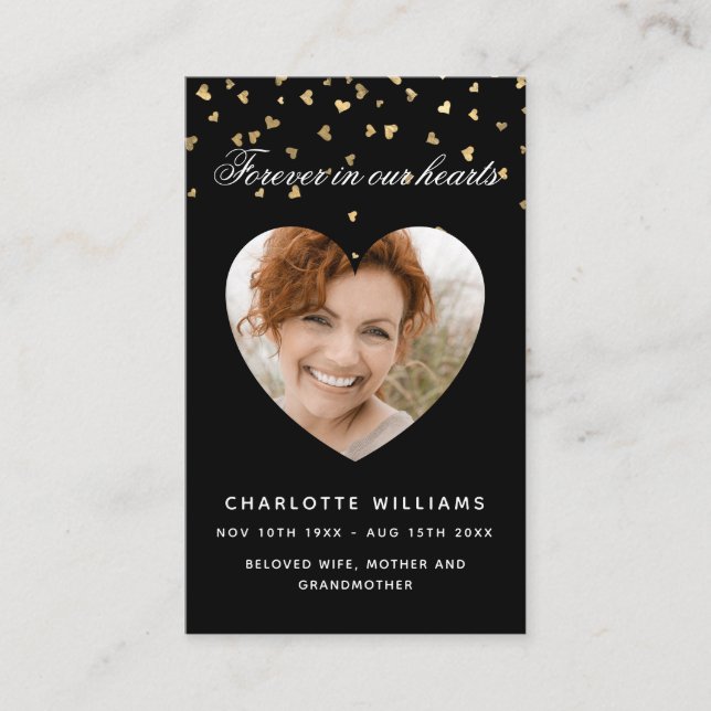 Black gold hearts photo funeral prayer card (Front)