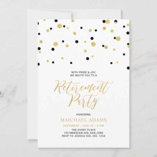Black & Gold | Hexagon Confetti Retirement Party I Invitation (Front)