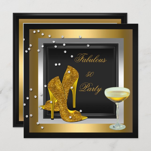 Black Gold High Heels Champagne Birthday Party Invitation (Front/Back)