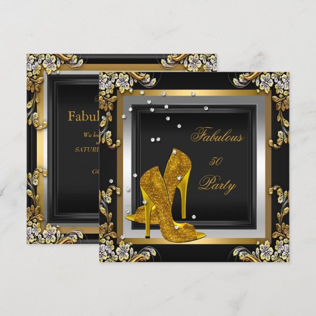 Black Gold High Heels Womans Birthday Party Invitation (Front/Back)
