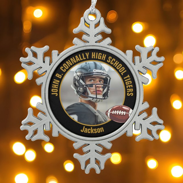 Black Gold High School Football Player Photo Snowflake Pewter Christmas Ornament (Creator Uploaded)