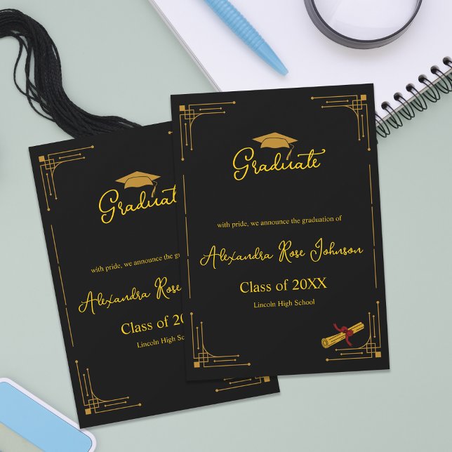 Black & Gold High School Graduation Announcement (Black & Gold High School Graduation Announcement | Elegant Art Deco Graduate Card)