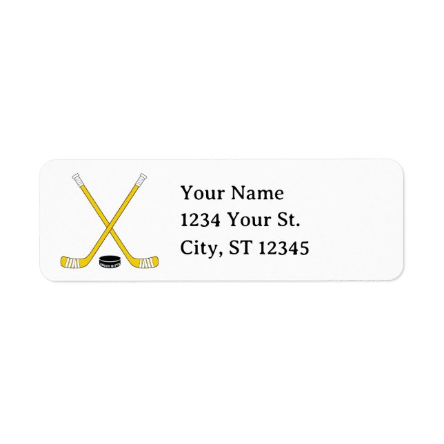 Black & Gold Hockey Sticks and Puck Return Address (Front)