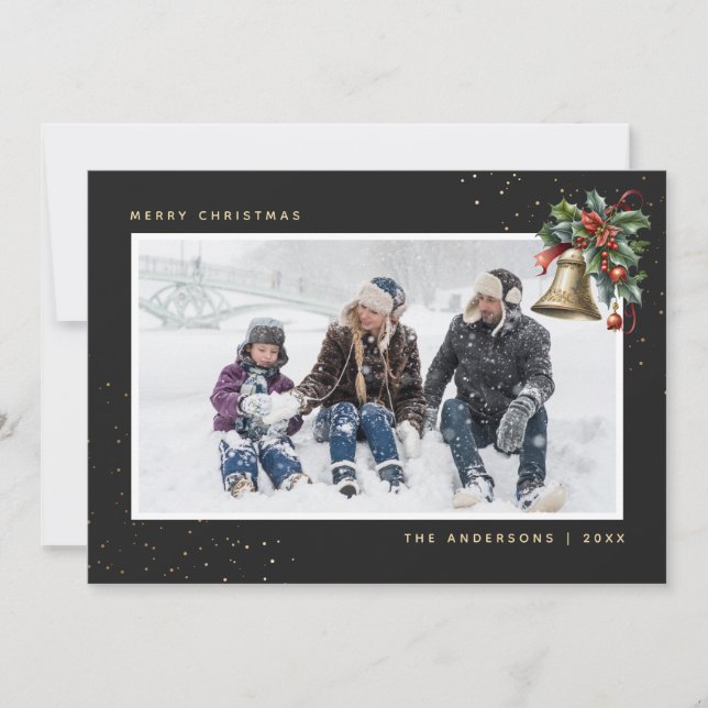 Black Gold Holly Berries Christmas Bell Photo Holiday Card (Front)