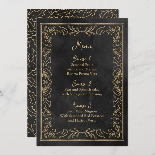 Black Gold Holly Berry Christmas Wedding Menu (Front/Back)